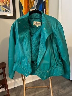 Vintage Berman's Teal Leather Bomber Jacket - Women's